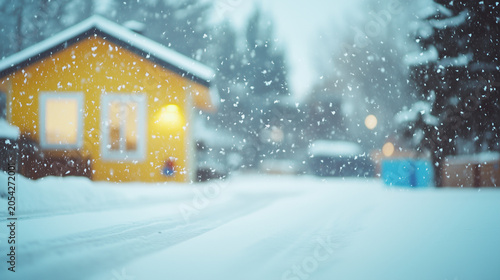 Yellow house in winter on snowy street - evening light, soft focus, cozy atmosphere, snowfall