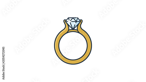 Golden Engagement Ring with Sparkling Diamond Solitaire on White Background
