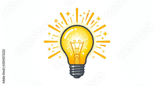 Bright Idea Concept with Glowing Light Bulb and Sunburst Rays in Minimalist Vector Style