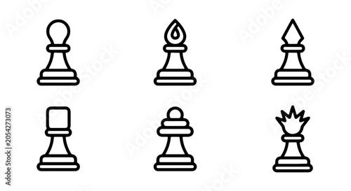 Minimalist chess piece line icons set, black and white vector chess symbols, strategic board game elements for web and app UI design