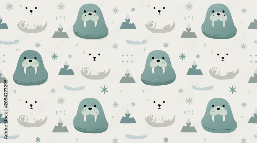 Fototapeta premium Adorable Arctic Animals Pattern Playful Walruses and Polar Bears in a Whimsical Winter Landscape, Cute Vector Illustration for Kids