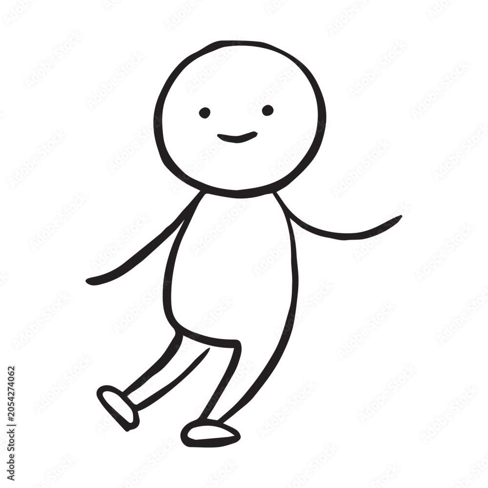 Obraz premium Cute Cartoon Character Sketch Vector | Walking Stick Figure Line Art Illustration | Smiling Doodle Guy Icon