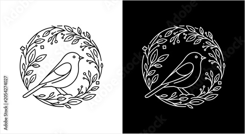 Foto Elegant Line Art Bird Illustration Surrounded by Delicate Foliage
