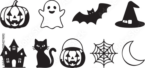 Set of black halloween vector graphic icons featuring pumpkins ghosts bats witch hats haunted houses cats webs and moons