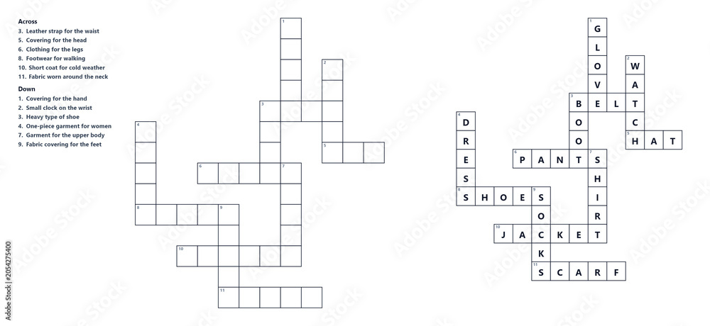Obraz premium Crossword blank puzzle with clues and solution, printable word game, educational activity for adults and kids