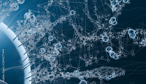 Фотография 3D rendered molecular network structure with connected spheres on dark blue back