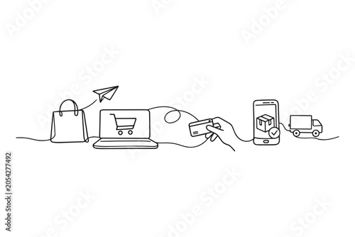 One Line Drawing E-Commerce Shopping Process — Bag, Laptop, Payment, Delivery Truck Vector Illustration