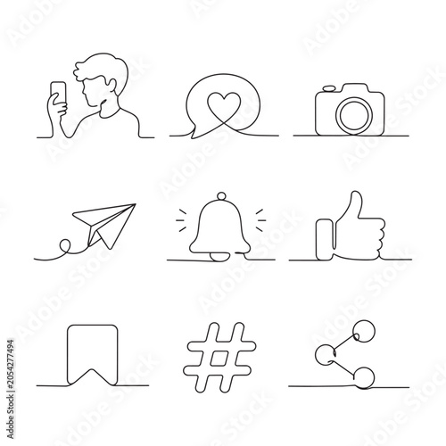 Social Media One Line Icons Set — Person with Phone, Heart Chat Bubble, Camera, Bell, Thumbs Up, Bookmark, Hashtag, Share Vector