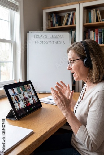 A dedicated teacher engages her students on a tablet screen during an online lesson about photosynthesis. The whiteboard behind her displays the day's topic, reinforcing the educational setting.