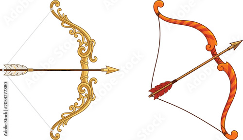 Golden Decorative Bow and Arrow Vector Set with Ornate Vintage Patterns for Cupid Valentine Romance, Fantasy Gaming Icons, and Mythological Graphic Illustrations