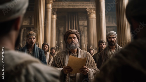 In the royal court of Babylon, Daniel stands among the kingdom’s officials holding a scroll, distinguished by wisdom, integrity, and faithfulness as he serves before the king.
