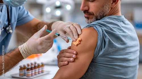 Male nurse administering intramuscular testosterone enanthate injection into deltoid muscle of adult male patient in a sterile medical procedure room, sharp needle detail, alcohol swab preparation