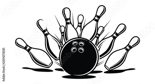 Schilderij op canvas Bowling ball and pins black vector silhouette on white background