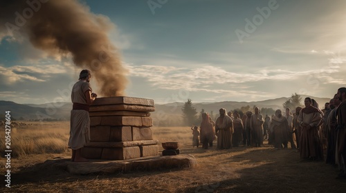 Samuel offers a sacrifice upon a stone altar as the gathered people seek God’s favor, demonstrating repentance, worship, and renewed commitment to faithful obedience.
