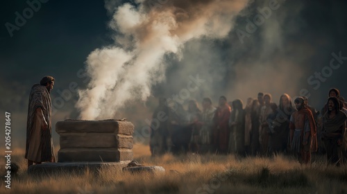 Samuel offers a sacrifice upon a stone altar as the gathered people seek God’s favor, demonstrating repentance, worship, and renewed commitment to faithful obedience.

