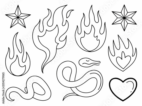 Collection of traditional tattoo flash art including flames snakes stars and hearts in a simple outline style for graphic design and illustration