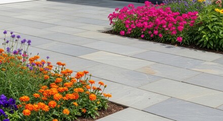 Stone paved walkway with colorful flower beds and marigolds for landscaping background and garden design banner for public plaza or residential path
