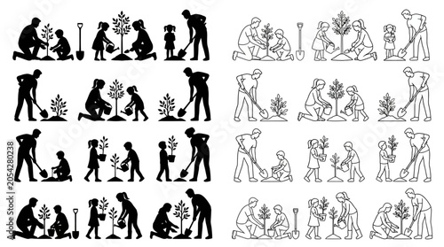 Tableau sur toile People planting trees black and white line illustration series