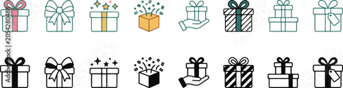 Hand drawn gift boxes and holiday decorations set with bows and ribbons in black and white sketch style