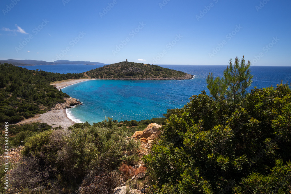 Fototapeta premium Trachili beach with wild herbs and white flowers in May, Aegean Sea, Chios, Greece, 