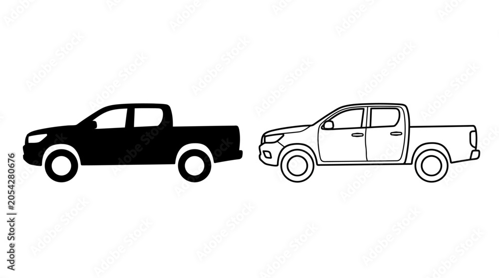 Fototapeta premium Pickup Truck Silhouette And Outline Black And White Vector Graphic