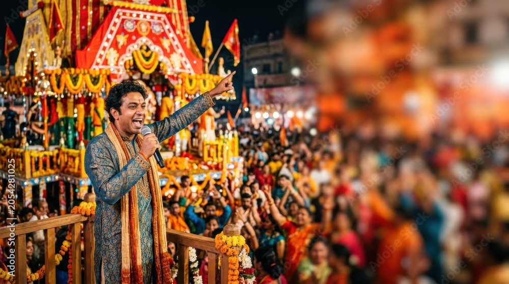 Fototapeta premium Night festival procession with decorated chariot and a performer speaking to a large crowd for celebration poster and cultural event background