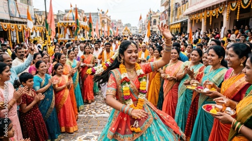 Smiling dancer leading a joyful crowd through a decorated street during a vibrant hindu festival procession for poster and event design