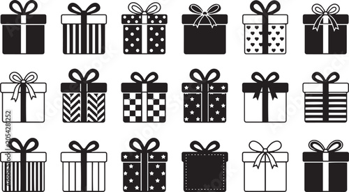 Collection of black and white gift boxes and presents with ribbons and bows on white background