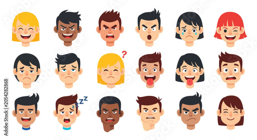 Foto Diverse Cartoon Human Faces Emotions Expressions.