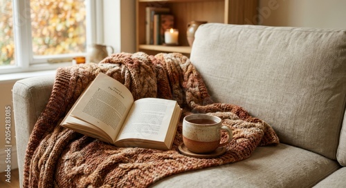 Cozy Reading Moment with Knitted Blanket and Warm Tea