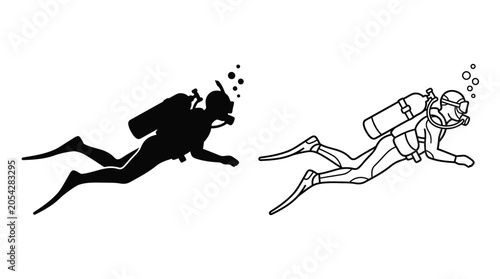 Konstfotografi Scuba Diver Silhouette And Line Art On White Background