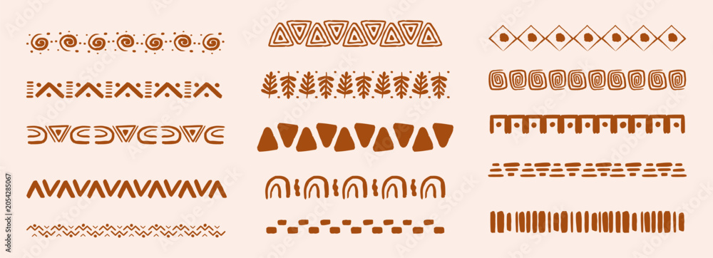 Obraz premium Tribal African folk border, decorative ethnic motif hand drawn doodle set. Tribal geometric design. Aztec art dividers, trendy boho separators.