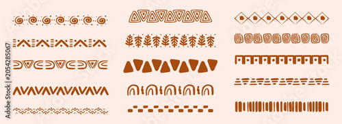 Tribal African folk border, decorative ethnic motif hand drawn doodle set. Tribal geometric design. Aztec art dividers, trendy boho separators.
