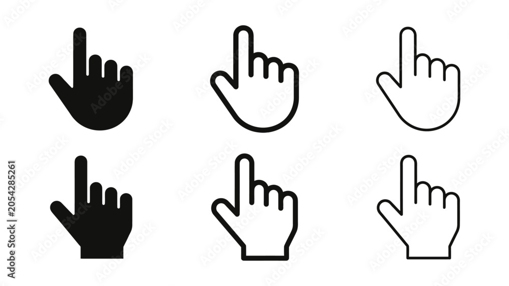 Fototapeta premium Hand cursor icons, Pointer clicking silhouette vector, bold outline and line art design