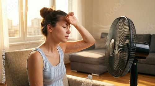 Young woman feeling intense warmth indoors, sweating profusely, battling a severe heatwave, seeking relief from extreme temperatures with a refreshing electric fan, hot summer day