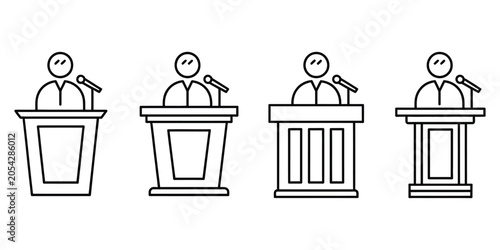 Fotografie Speaker Podium Outline Icons Featuring Presenters Standing Behind Different Lect