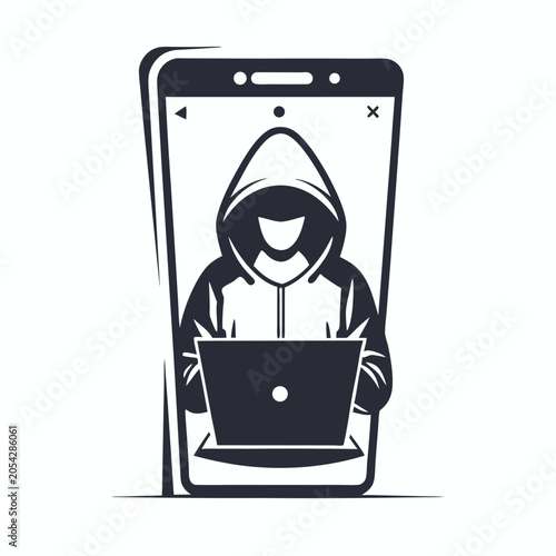 Mobile Phone Privacy Violation: Silhouetted Hacker Stealing User Data