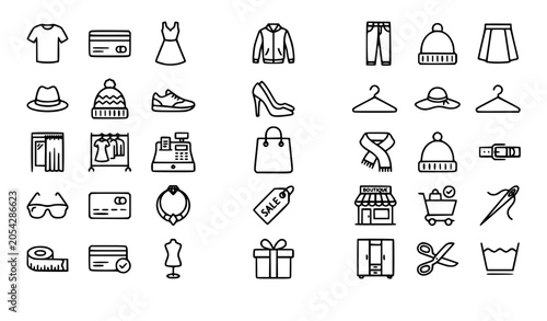 Modern Fashion Retail Line Icons Collection with Clothing Shop Outline Elements