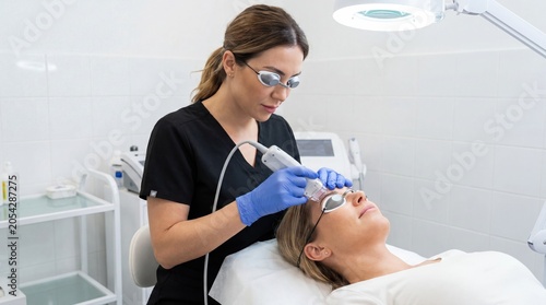 Aesthetician performing HIFU treatment on patient eye area