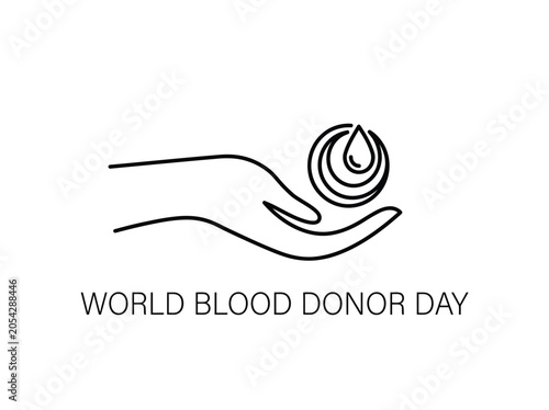 World blood donor day concept with hand holding droplet and abstract circles on transparent design.