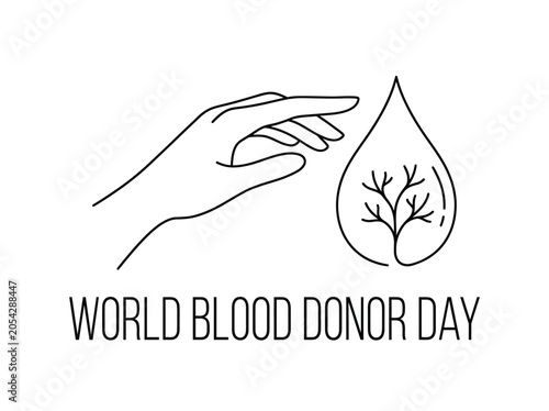 World blood donor day graphic showing hand reaching for blood drop with tree branch inside outline.