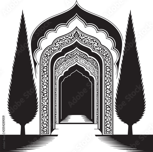 Traditional Mughal arch gateway silhouette with cypress trees landscape. Vintage Islamic style mosque door border ornament in black and white