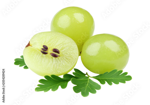 Fresh green gooseberries with leaves isolated on transparent background high resolution shot.