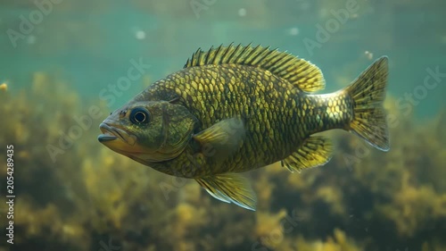 Freshwater green sunfish swimming through shallow water with aquatic vegetation in the background providing a natural habitat setting view