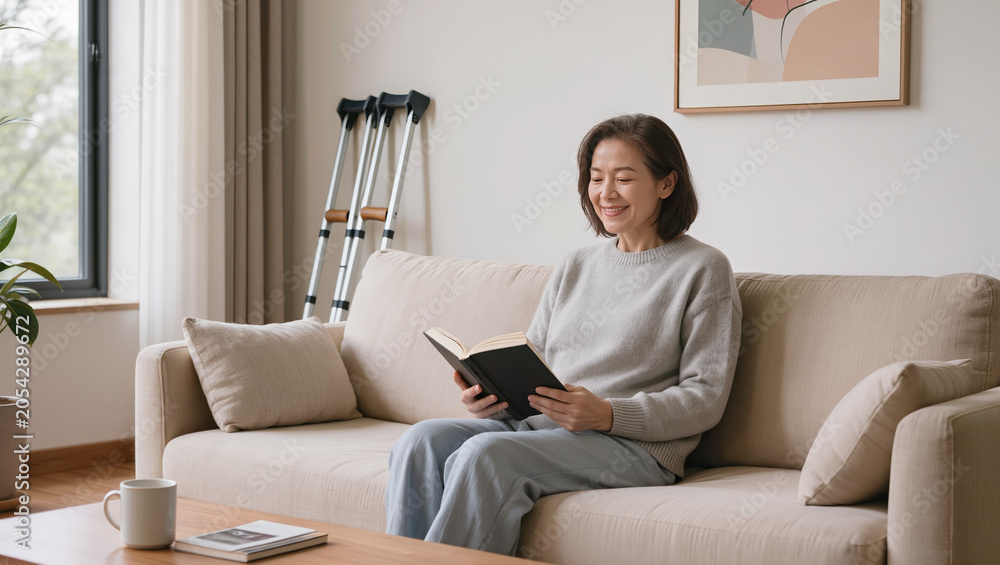 Fototapeta premium Senior woman relaxing at home during recovery reading book