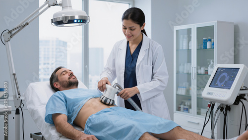 Female doctor performing body contouring procedure on male patient