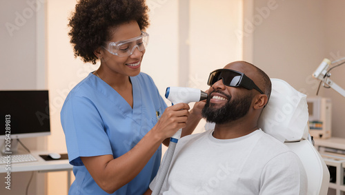 Black man receiving laser hair removal treatment from doctor