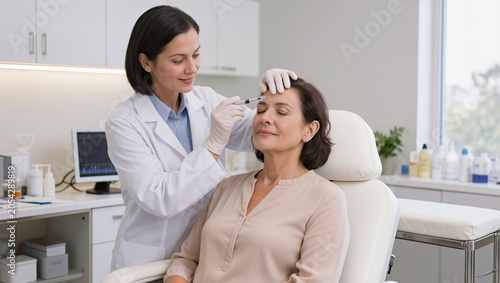 Dermatologist injecting botox to female patient forehead