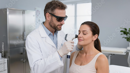 Dermatologist performing laser facial treatment on woman's face