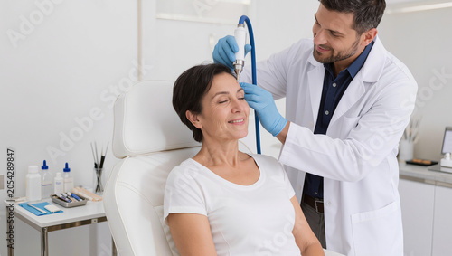 Dermatologist performing laser skin treatment on a mature women